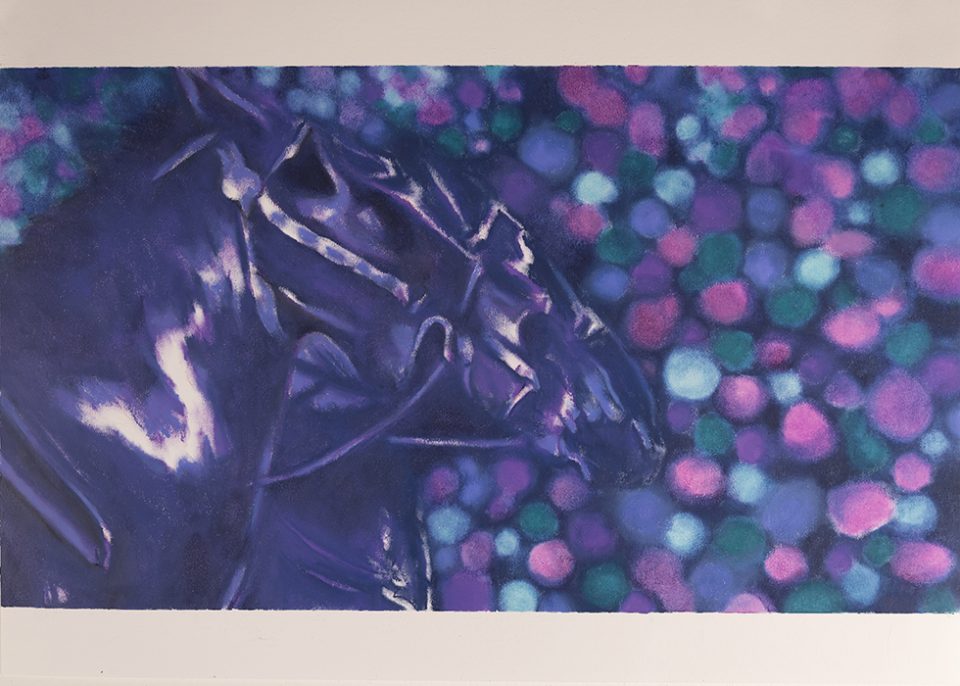 tela creata con colori ad olio, ritratto di cavallo, color viola