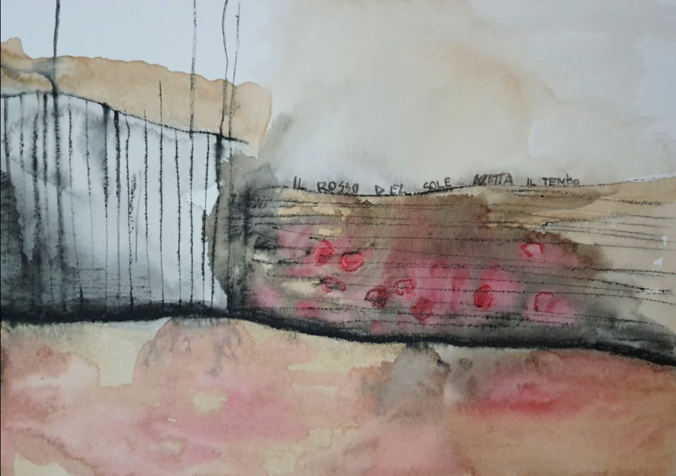 disegno di paesaggio realizzato con acquerello, orzo e grafite su carta