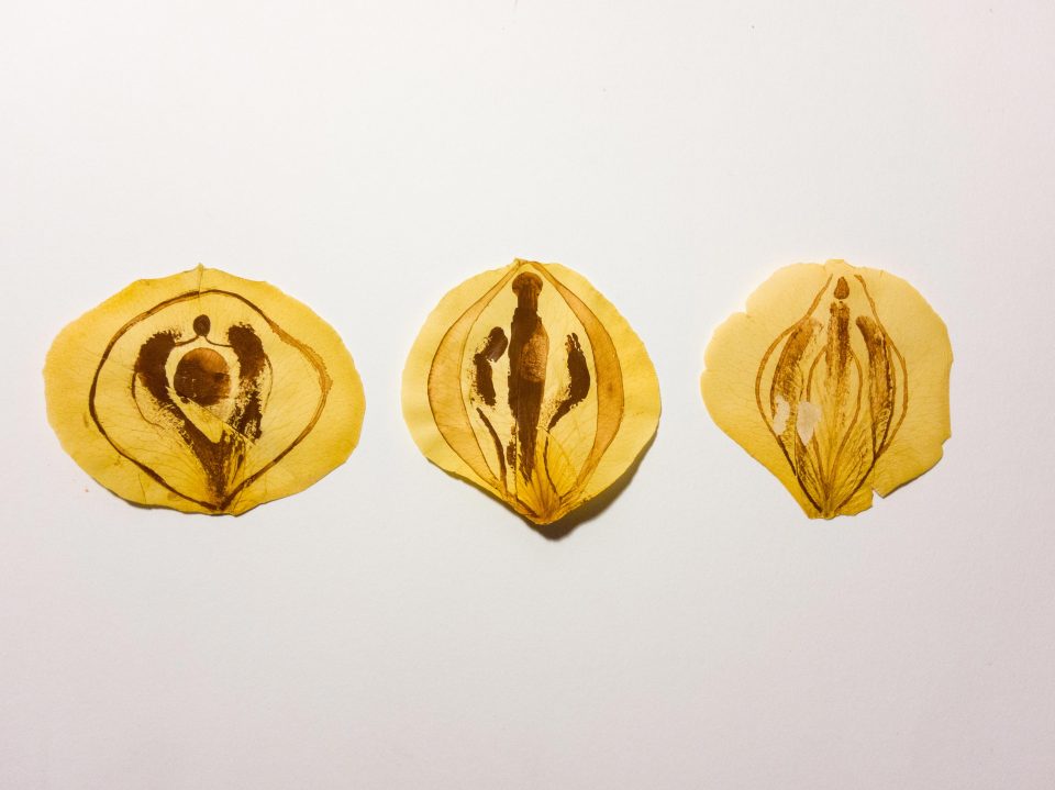 tre petali gialli con sopra rappresentati attraverso l'uso della pittura dei segni che richiamano la fertilità e maternità
