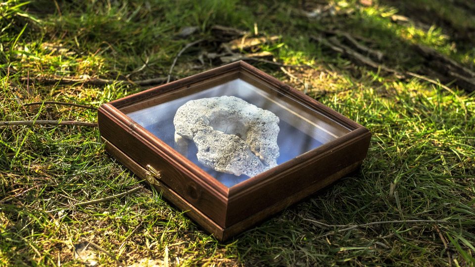 Foto dell'opera "Crogiolo, preserva questa lacrima", gesso, bronzo, legno, vetro, 23 x 23 x 6 cm, 2023.